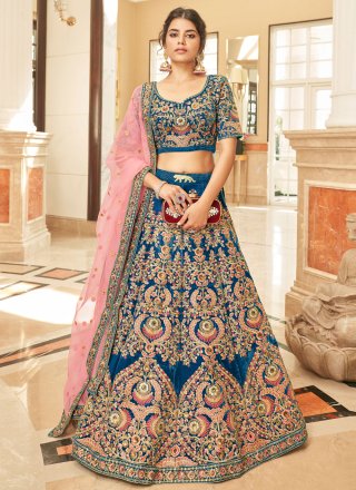 Blue Velvet Embroidered, Sequins, Thread and Zari Work Lehenga Choli for Ceremonial