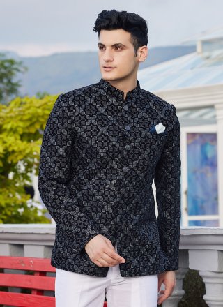 Blue Velvet Jodhpuri Jacket with Machine Embroidery and Thread Work for Ceremonial