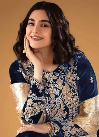 Blue Velvet Pakistani Salwar Suit with Embroidered Work for Ceremonial