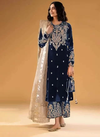 blue velvet pakistani salwar suit with embroidered work for ceremonial 281245