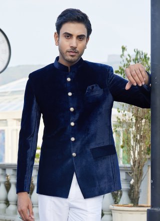 Blue Velvet Plain Work Jodhpuri Jacket for Men