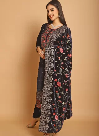 Blue Velvet Resham Thread and Sequins Work Pant Style Suit
