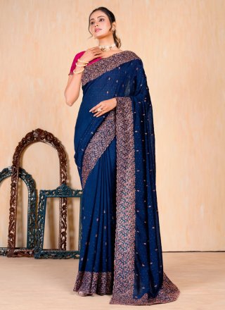 Blue Vichitra Silk Embroidered Work Classic Saree