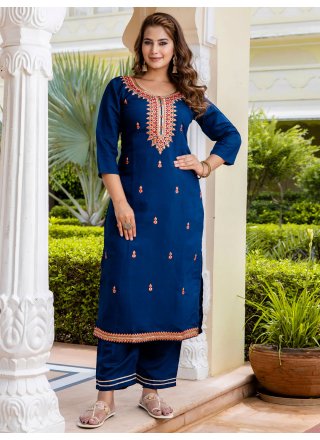 Blue Viscose Buttons and Embroidered Work Pant Style Suit for Ceremonial