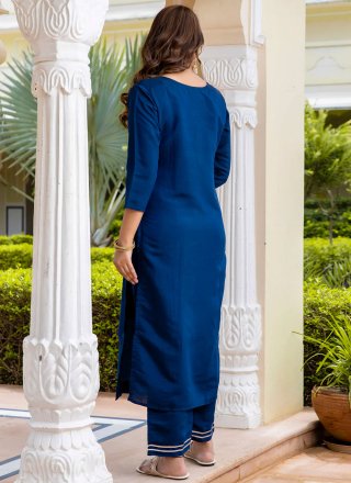 Blue Viscose Buttons and Embroidered Work Pant Style Suit for Ceremonial