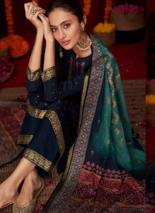 Blue Viscose Embroidered Work Pant Style Suit for Ceremonial