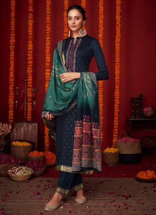 Blue Viscose Embroidered Work Pant Style Suit for Ceremonial