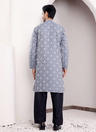 Blue Viscose Jacquard and Woven Work Kurta Mens Wear