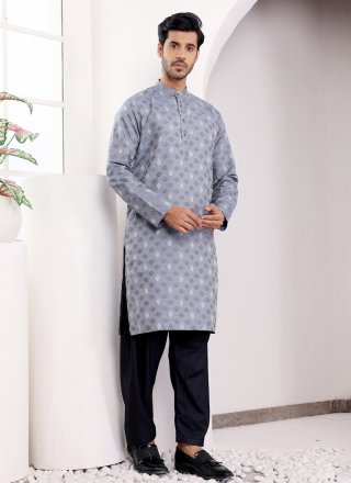 Blue Viscose Jacquard and Woven Work Kurta Mens Wear