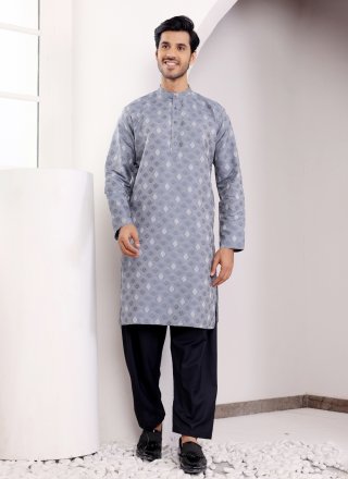 Blue Viscose Jacquard and Woven Work Kurta Mens Wear