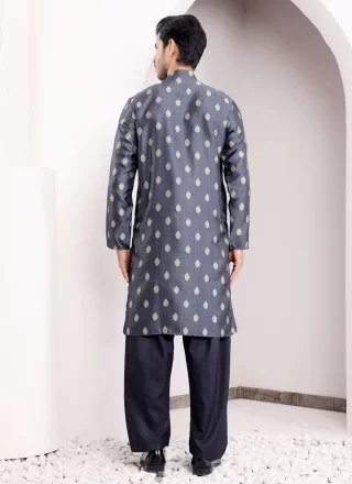 Blue Viscose Kurta Mens Wear with Jacquard and Woven Work for Men