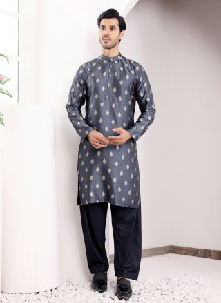 Blue Viscose Kurta Mens Wear with Jacquard and Woven Work for Men
