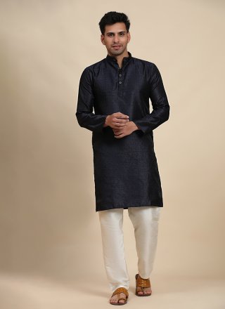 Blue Viscose Kurta Pyjama with Jacquard and Woven Work for Men