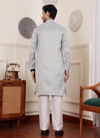 Blue Viscose Kurta Pyjama with Woven Work for Men