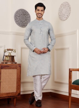 Blue Viscose Kurta Pyjama with Woven Work for Men