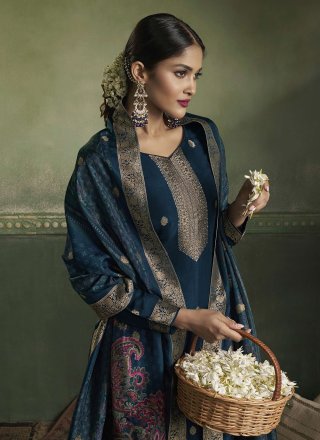 Blue Viscose Salwar Suit with Jacquard and Zari Work