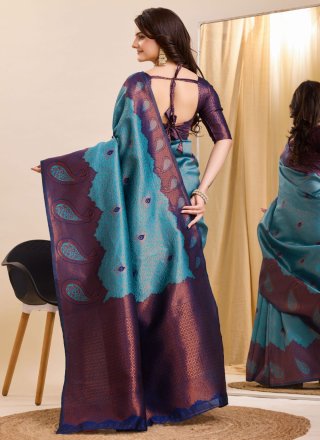 Blue Weaving Work Banarasi Silk Classic Sari