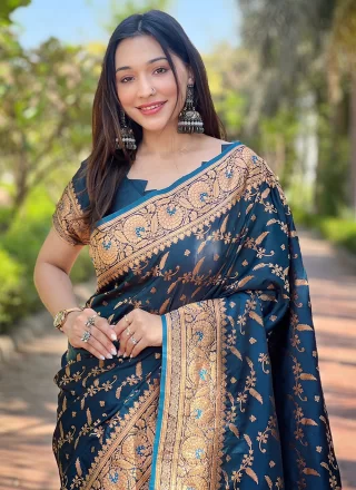 Blue Woven and Zari Work Banarasi Silk Traditional Saree