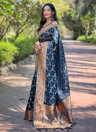 Blue Woven and Zari Work Banarasi Silk Traditional Saree