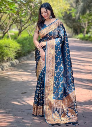 Blue Woven and Zari Work Banarasi Silk Traditional Saree