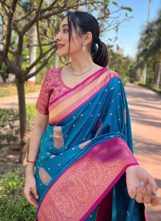 Blue Woven and Zari Work Silk Classic Saree
