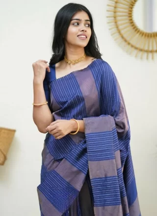 Blue Woven Work Banarasi Silk Contemporary Sari
