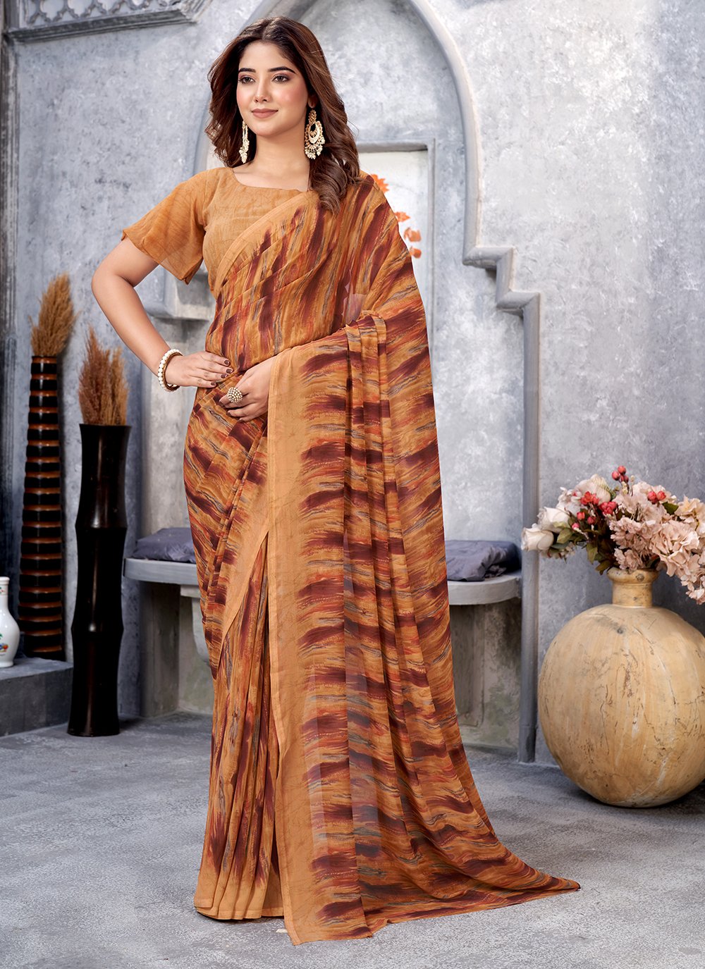 Brown Velvet Chiffon Saree | Feather-light Drape by Shopihara – Le Pleat