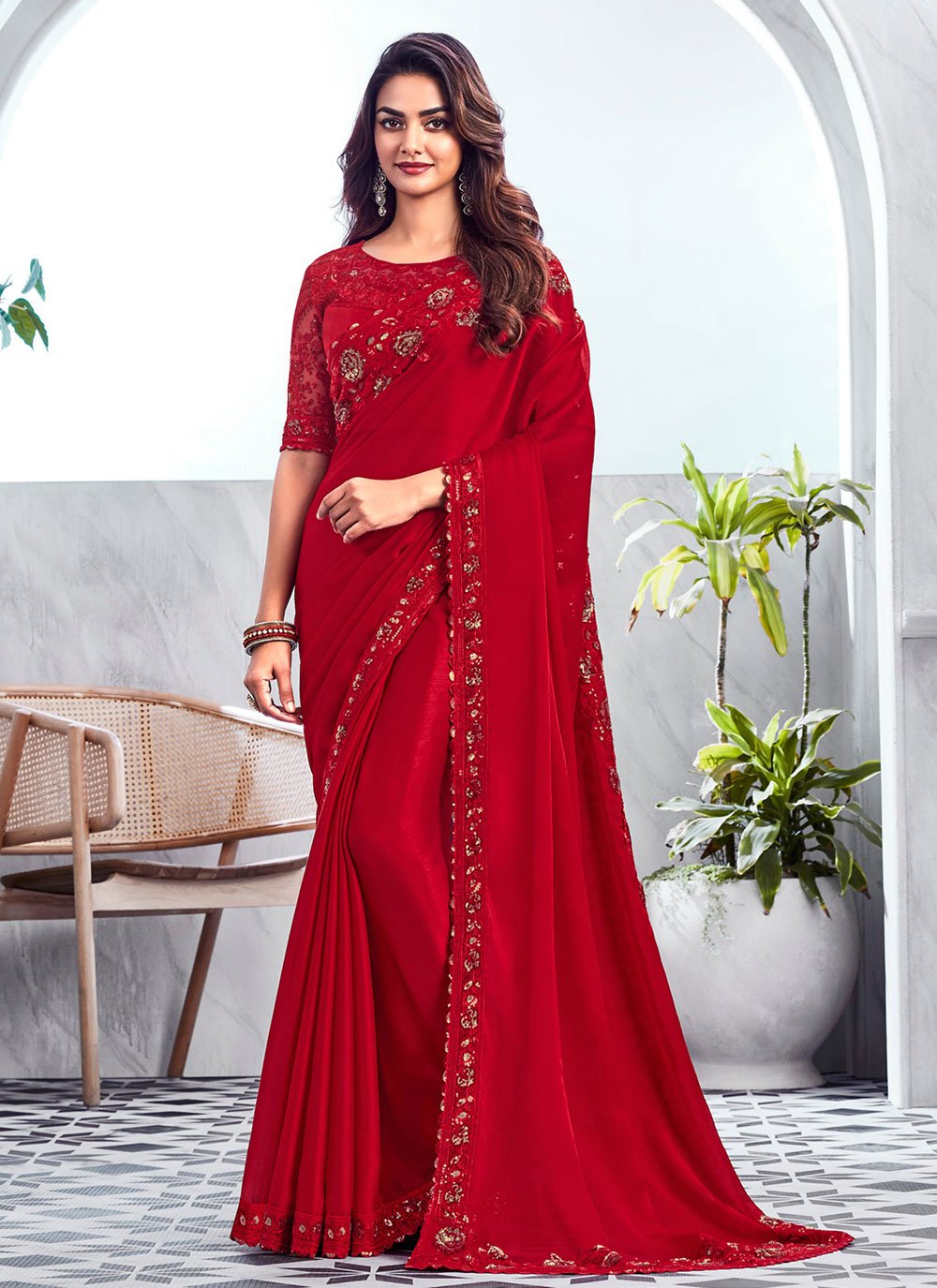 Buy Online Brilliant Red Chiffon Designer Saree 283752 - Main Image