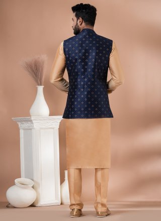 Brown and Blue Dupion Silk Kurta Payjama with Jacket with Plain and Print Work for Men