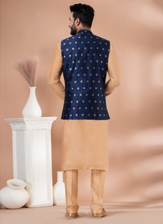 Brown and Blue Malbari Silk Plain and Print Work Kurta Payjama with Jacket for Men