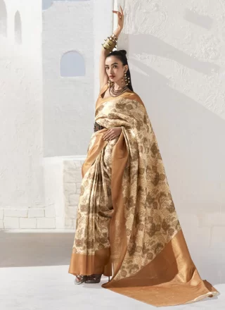 Brown and Cream Art Silk Traditional Saree with Patch Border, Digital Print and Zari Work