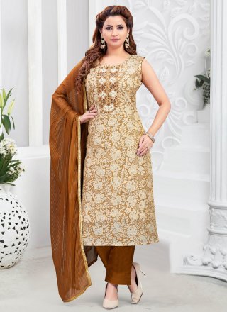 Brown and Cream Chanderi Silk Embroidered and Resham Work Salwar Suit for Women