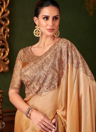 Brown and Cream Chiffon Satin Traditional Saree with Embroidered and Sequins Work