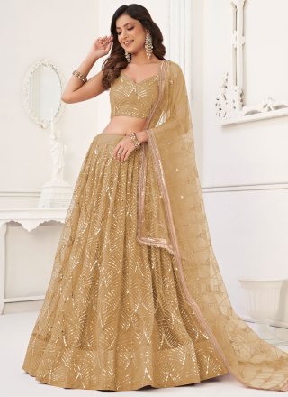 Brown and Cream Net Embroidered, Mirror, Sequins and Thread Work Lehenga Choli for Women