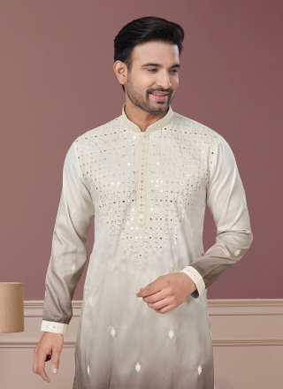 Brown and Cream Pure Silk Kurta Pyjama with Embroidered and Sequins Work for Men