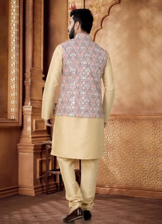 Brown and Gold Cotton Embroidered, Sequins and Thread Work Kurta Payjama with Jacket for Men