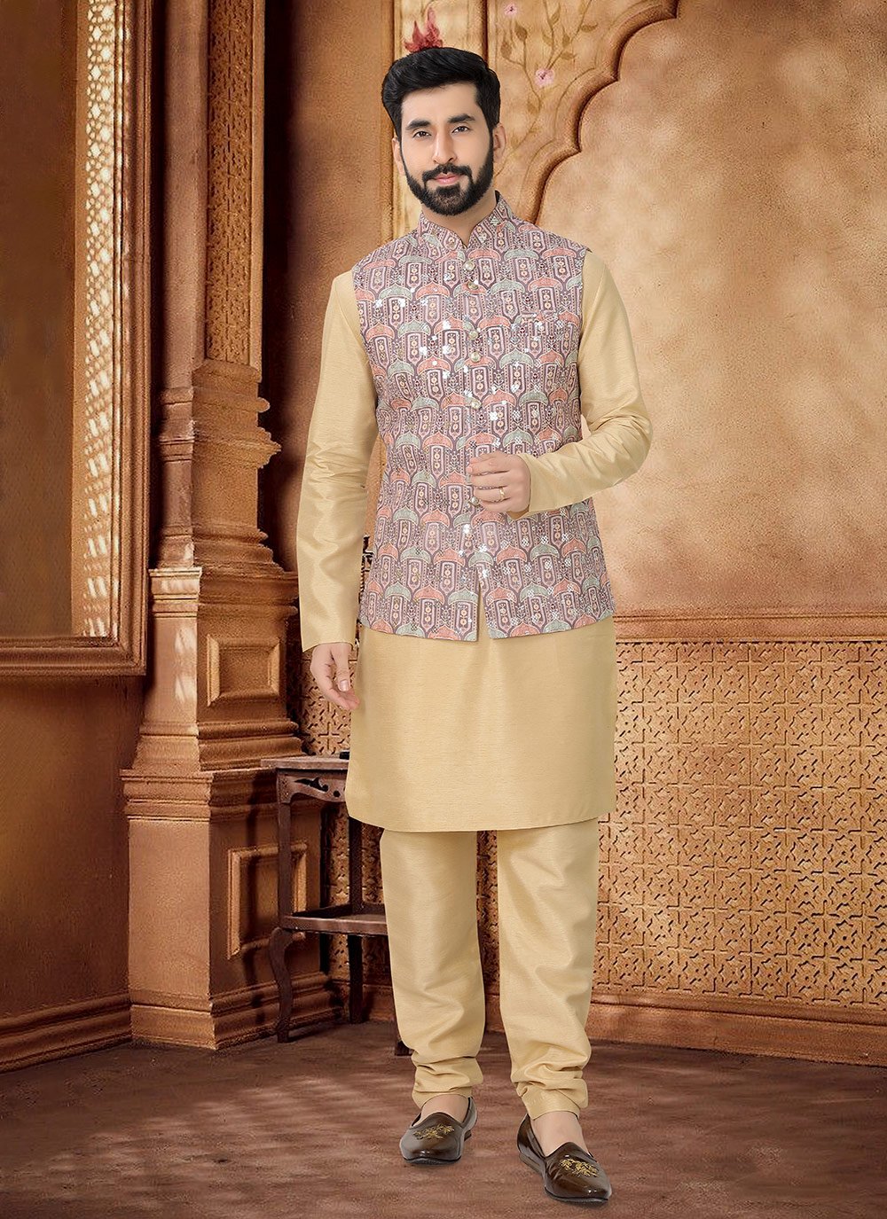 Shop Brown and Gold Cotton Embroidered, Sequins and Thread Work