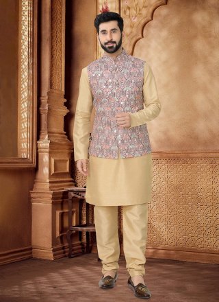 Brown and Gold Cotton Embroidered, Sequins and Thread Work Kurta Payjama with Jacket for Men