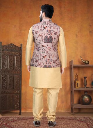 Brown and Gold Silk Print Work Kurta Payjama with Jacket