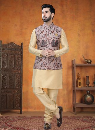 Brown and Gold Silk Print Work Kurta Payjama with Jacket