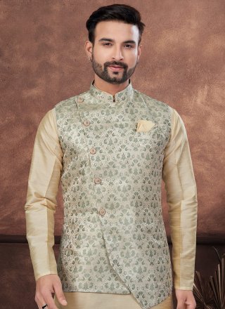 Brown and Green Banarasi Jacquard Kurta Payjama with Jacket with