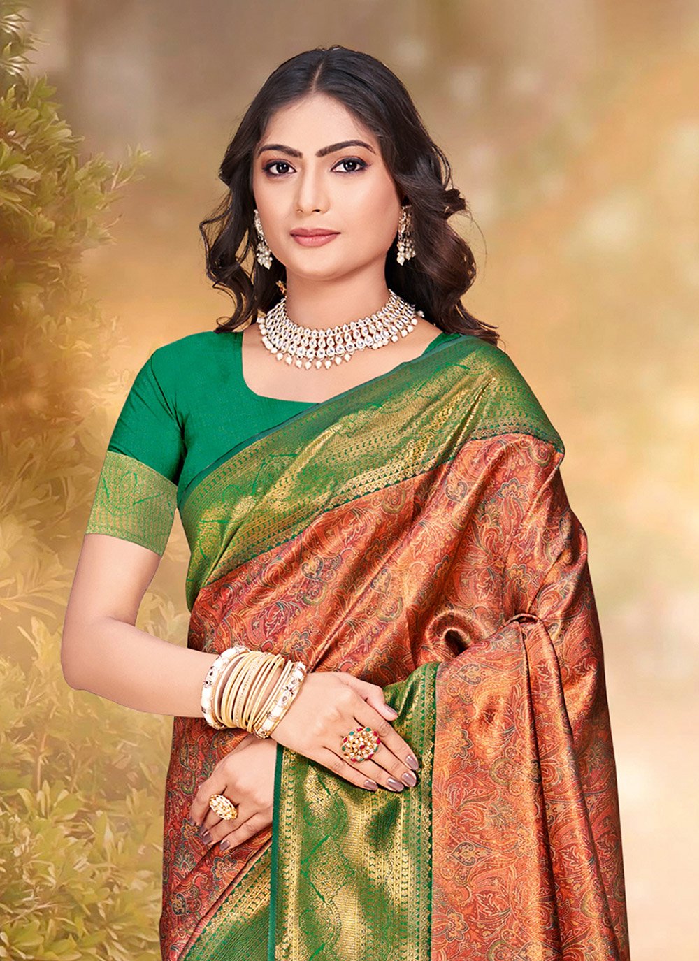 Shop Brown and Green Silk Traditional Saree with Digital