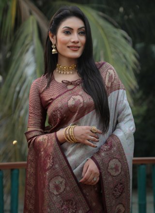 Brown and Grey Kanjivaram Silk Woven Work Trendy Saree for Ceremonial
