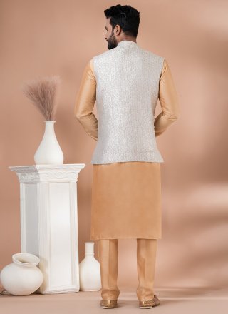 Brown and Multi Colour Jacquard Silk Kurta Payjama with Jacket with Plain and Print Work for Men