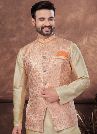 Brown and Peach Banarasi Jacquard Buttons Work Kurta Payjama with Jacket for Men