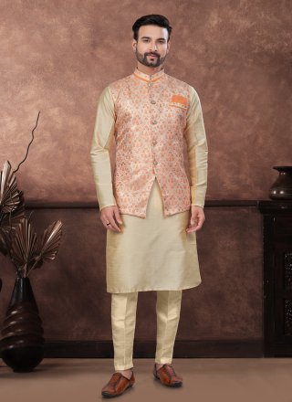 Brown and Peach Banarasi Jacquard Buttons Work Kurta Payjama with Jacket for Men