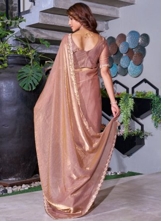 Brown and Pink Satin Silk Cut Dana and Swarovski Work Contemporary Sari for Women