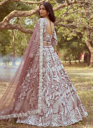 Brown and Purple Satin Embroidered, Sequins, Stone and Thread Work Lehenga Choli