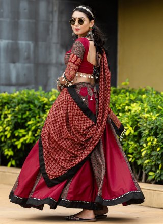 Brown and Rani Print Work Cotton Readymade Lehenga Choli