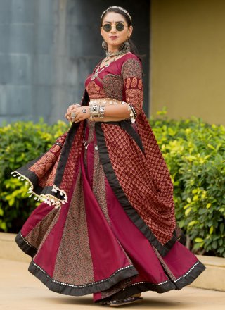Brown and Rani Print Work Cotton Readymade Lehenga Choli